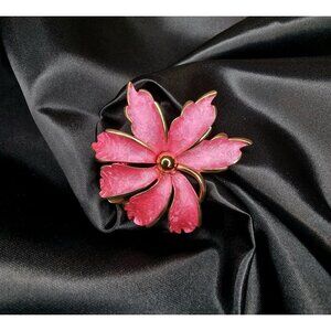 Vintage Pink Floral Brooch With Gold-Tone Metal & Textured Petals